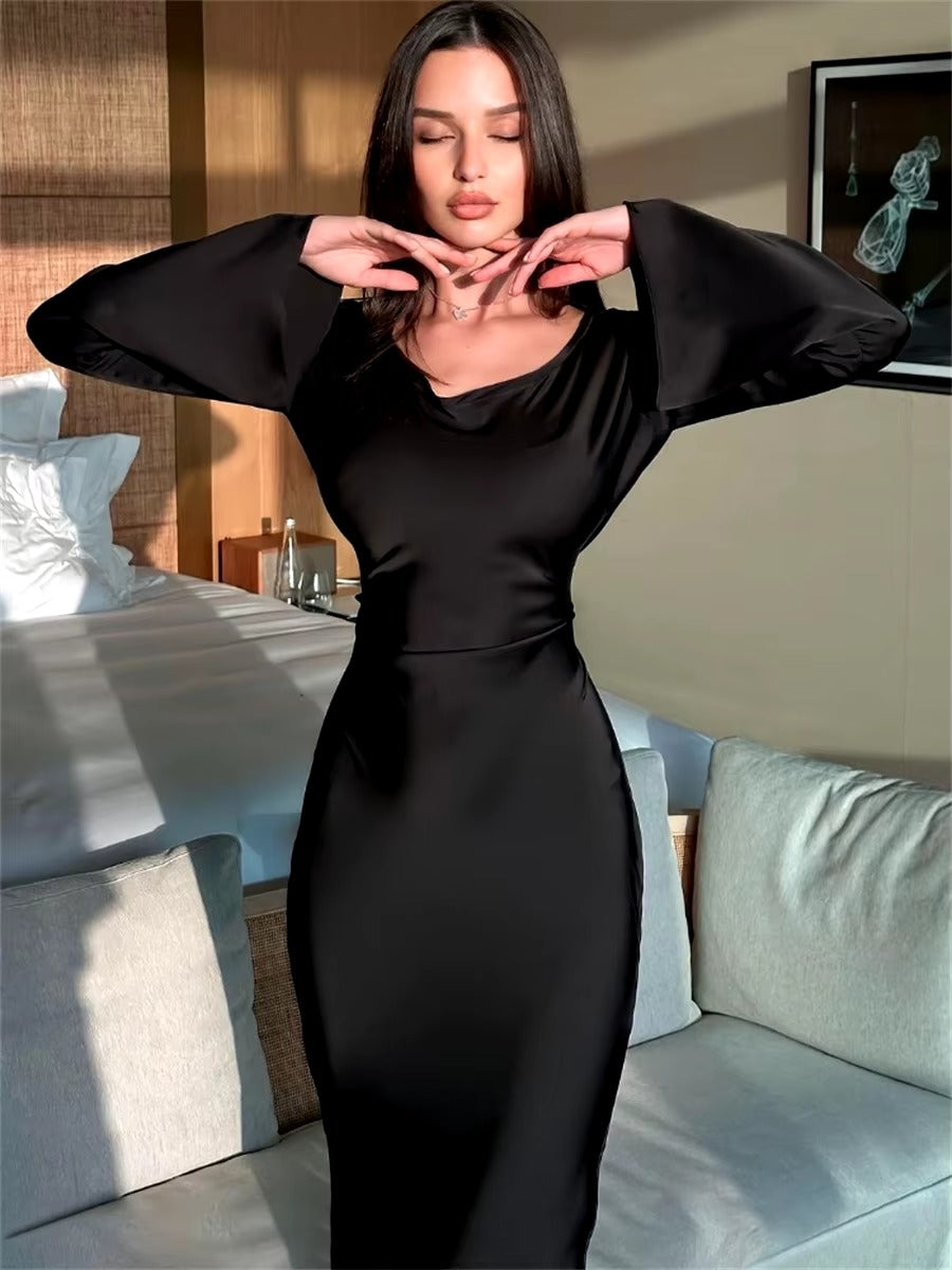 Elegant Lace Up Round Neck Satin Flare Sleeve Slim Maxi Dress
