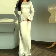 Elegant Lace Up Round Neck Satin Flare Sleeve Slim Maxi Dress