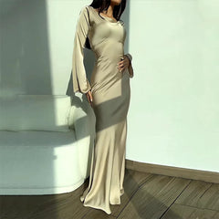 Elegant Lace Up Round Neck Satin Flare Sleeve Slim Maxi Dress