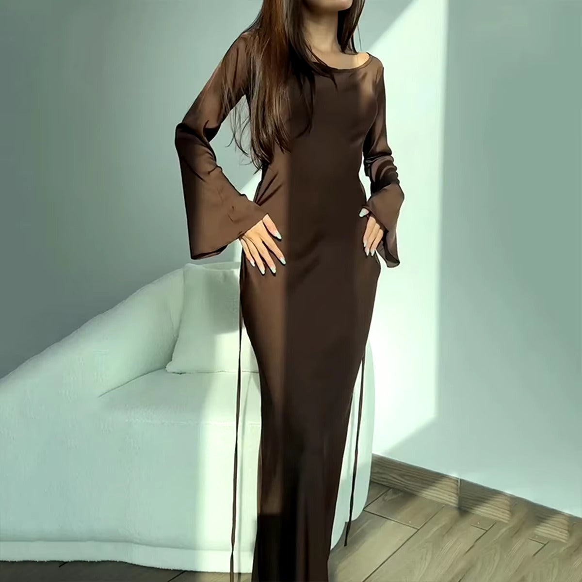 Elegant Lace Up Round Neck Satin Flare Sleeve Slim Maxi Dress