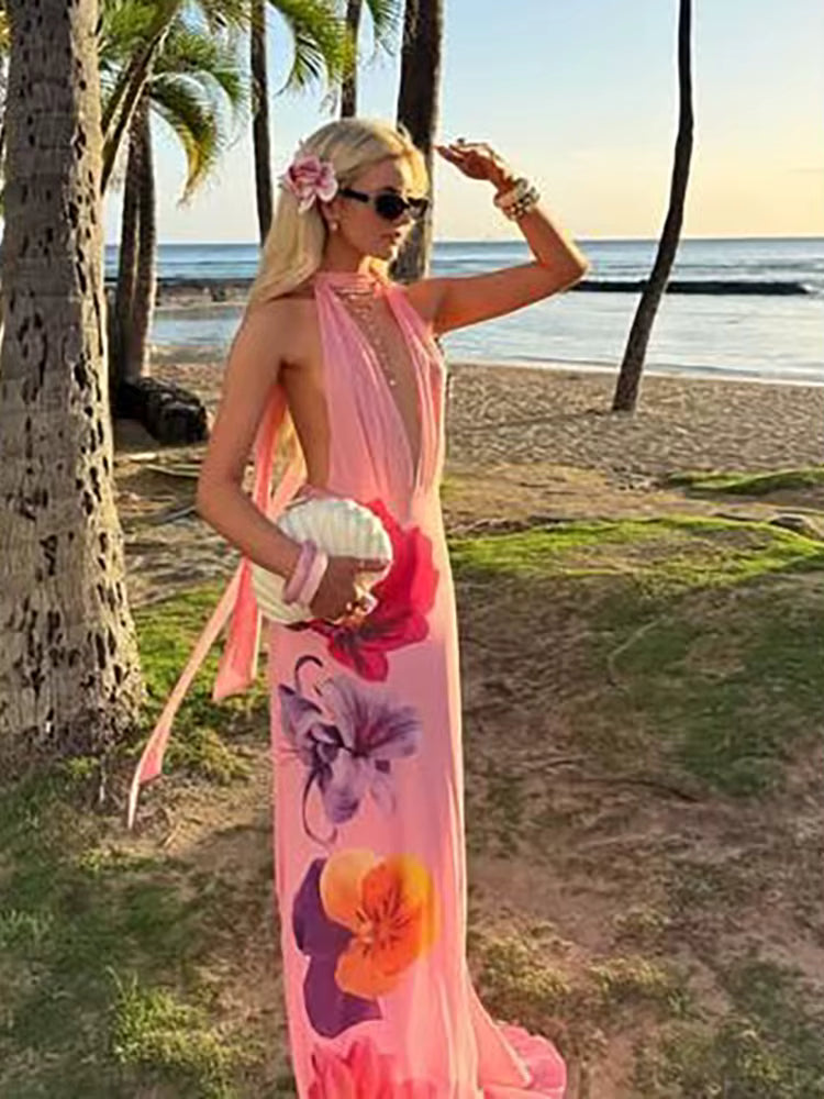 Elegant Lace-Up Tassel Halter Folds Patchwork Flower Print Maxi Dress