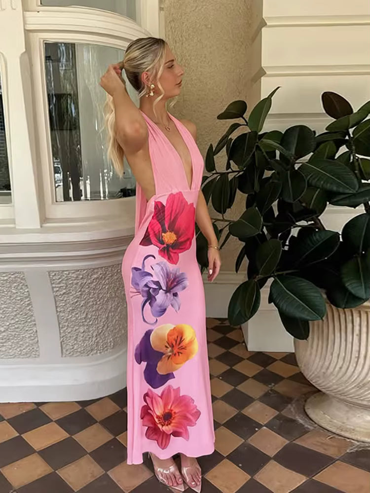 Elegant Lace-Up Tassel Halter Folds Patchwork Flower Print Maxi Dress