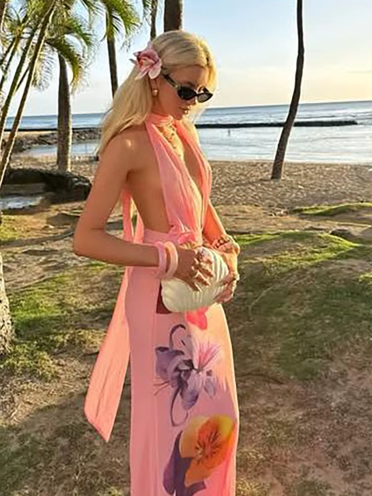Elegant Lace-Up Tassel Halter Folds Patchwork Flower Print Maxi Dress
