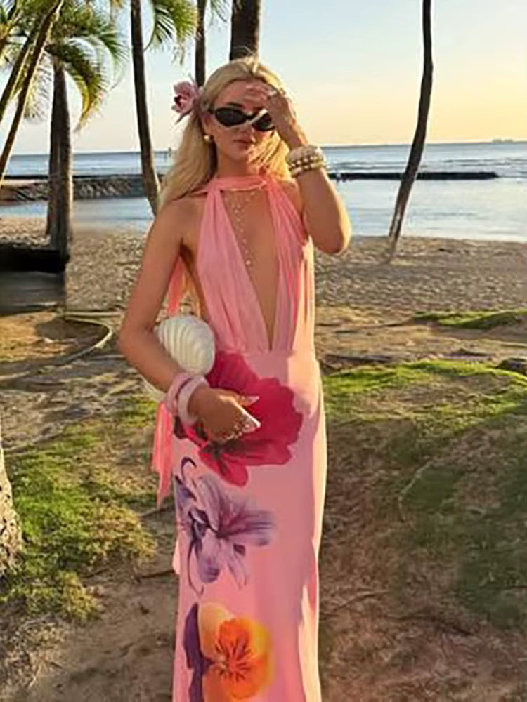 Elegant Lace-Up Tassel Halter Folds Patchwork Flower Print Maxi Dress