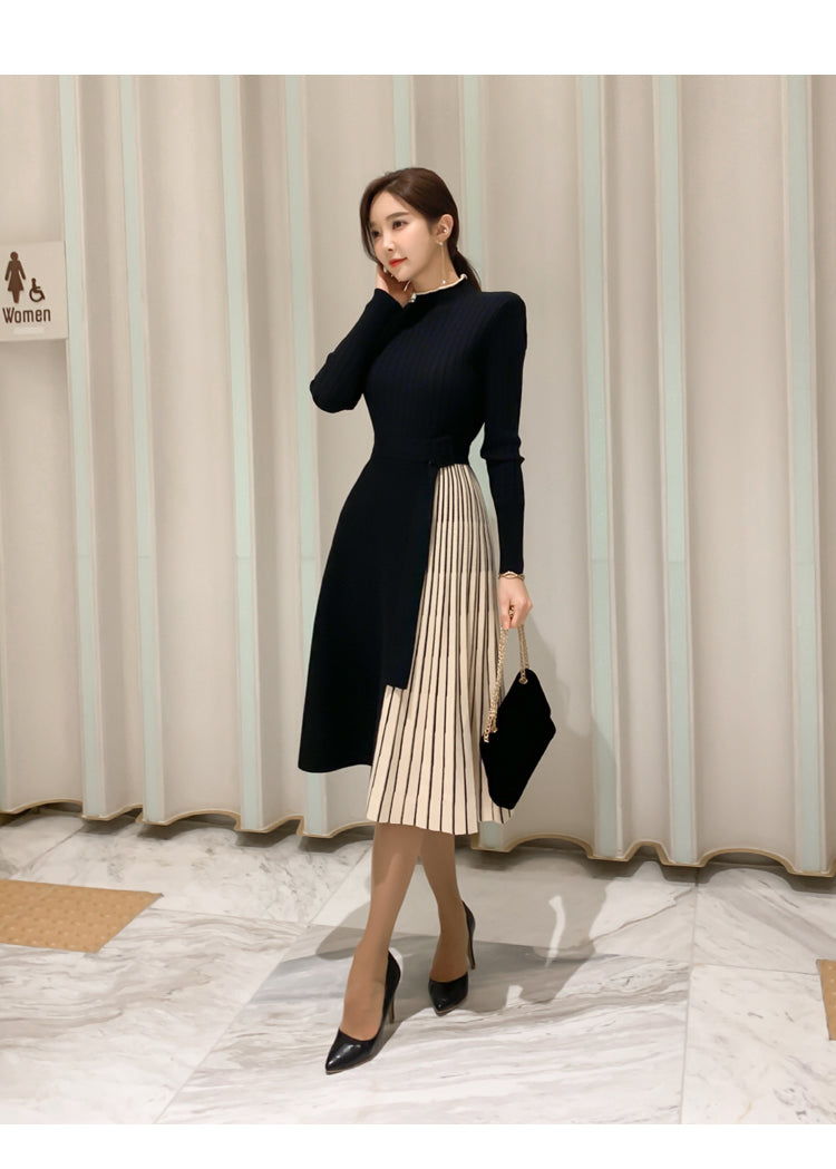 Elegant Lace-Up Waist Mid-Length Knitted large Skirt Sweater Dress