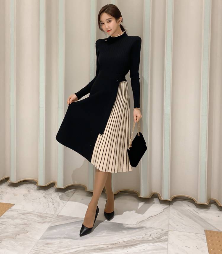 Elegant Lace-Up Waist Mid-Length Knitted large Skirt Sweater Dress