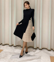 Elegant Lace-Up Waist Mid-Length Knitted large Skirt Sweater Dress