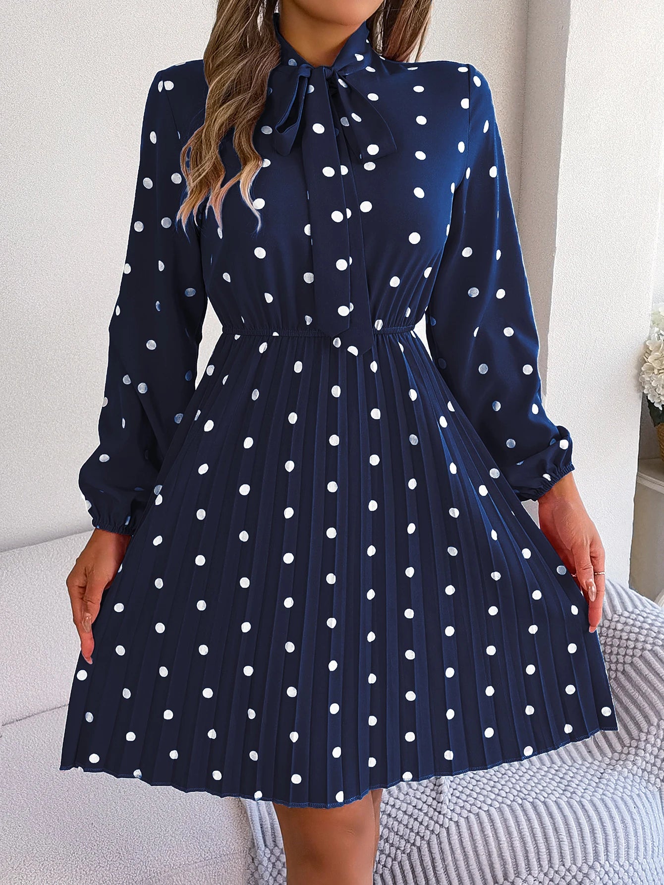 Elegant Lace up Polka Dot Long Sleeved Pleated Dresses