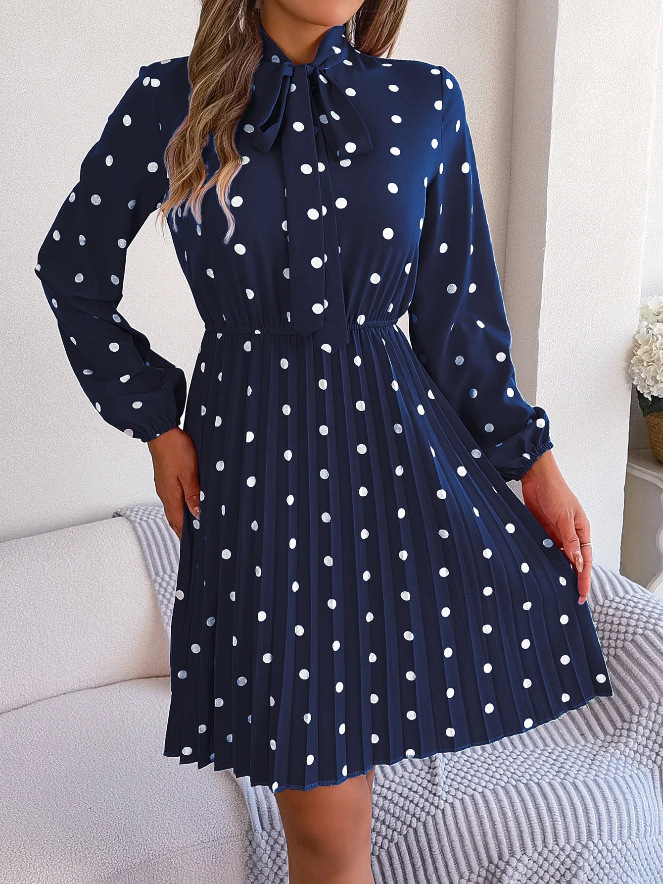 Elegant Lace up Polka Dot Long Sleeved Pleated Dresses