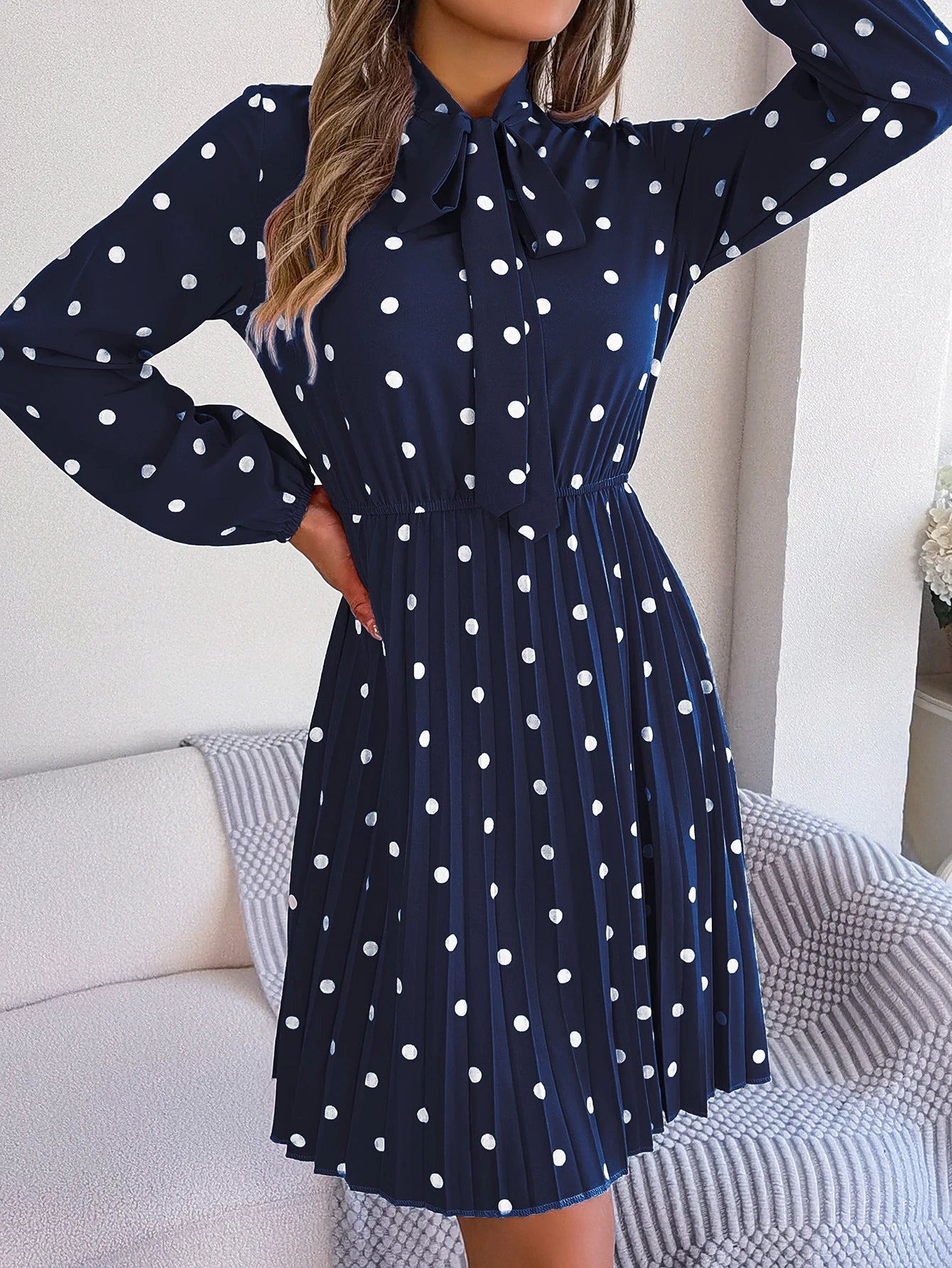 Elegant Lace up Polka Dot Long Sleeved Pleated Dresses