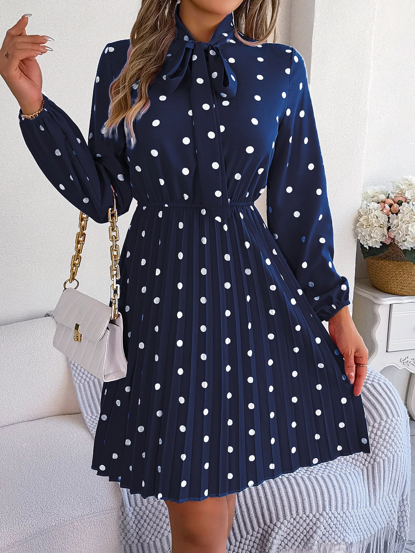 Elegant Lace up Polka Dot Long Sleeved Pleated Dresses