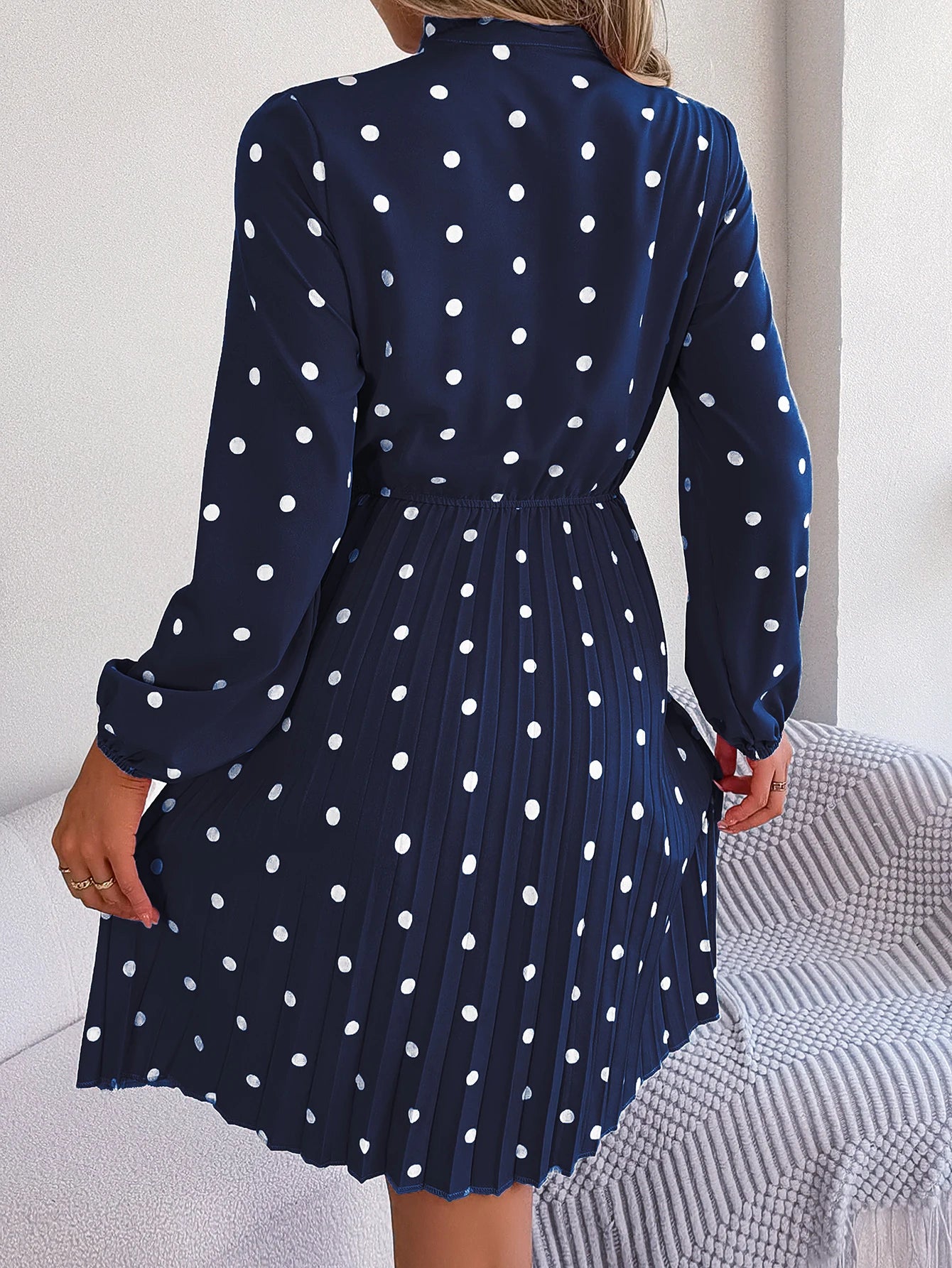 Elegant Lace up Polka Dot Long Sleeved Pleated Dresses