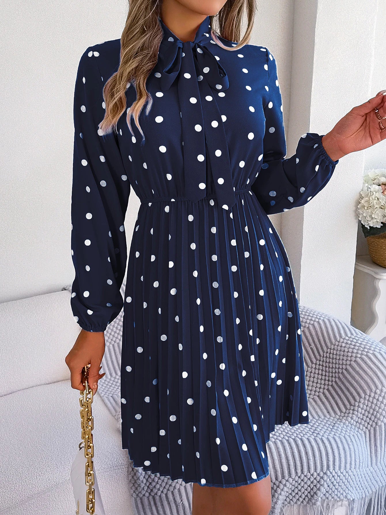 Elegant Lace up Polka Dot Long Sleeved Pleated Dresses