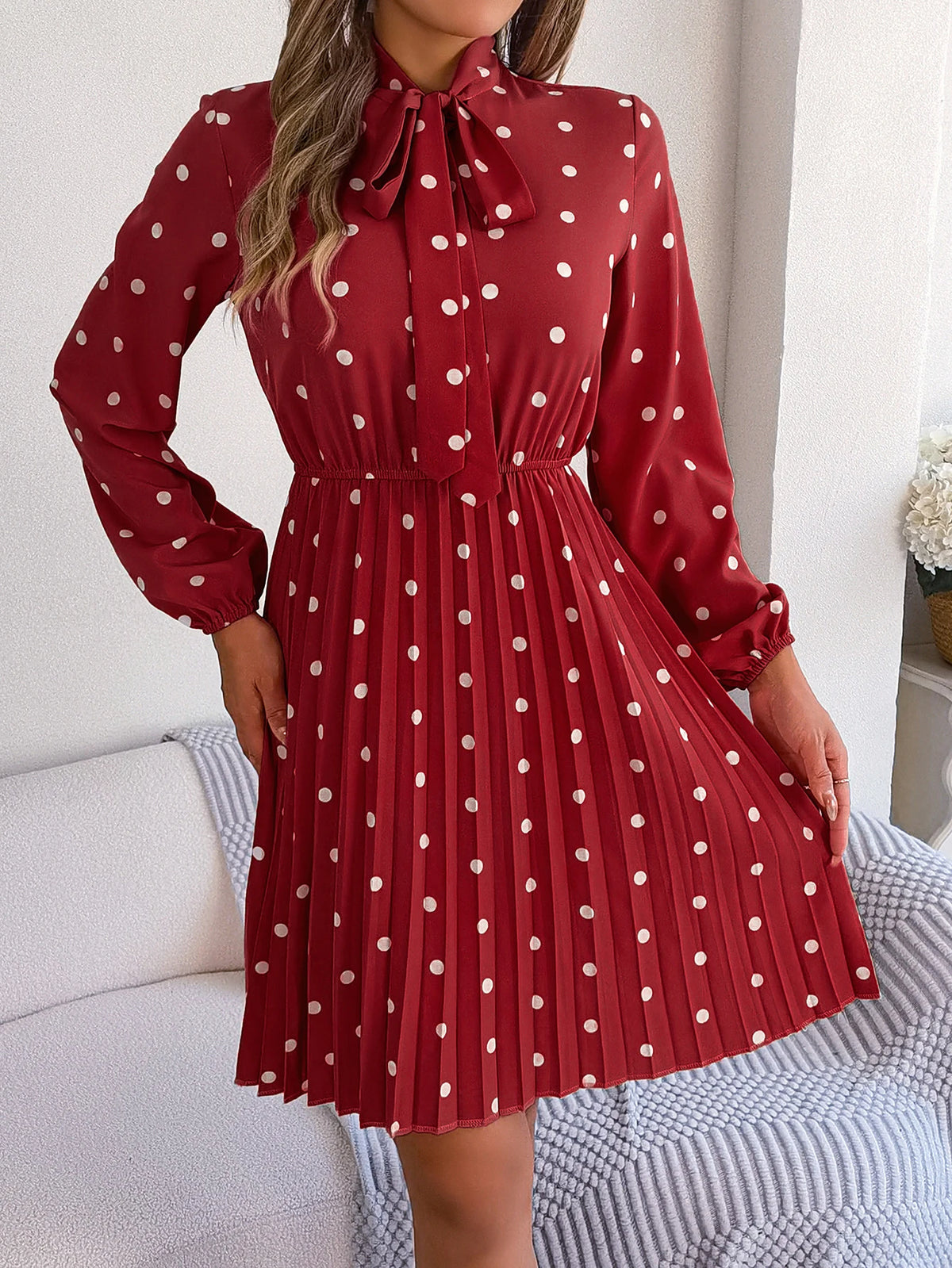 Elegant Lace up Polka Dot Long Sleeved Pleated Dresses