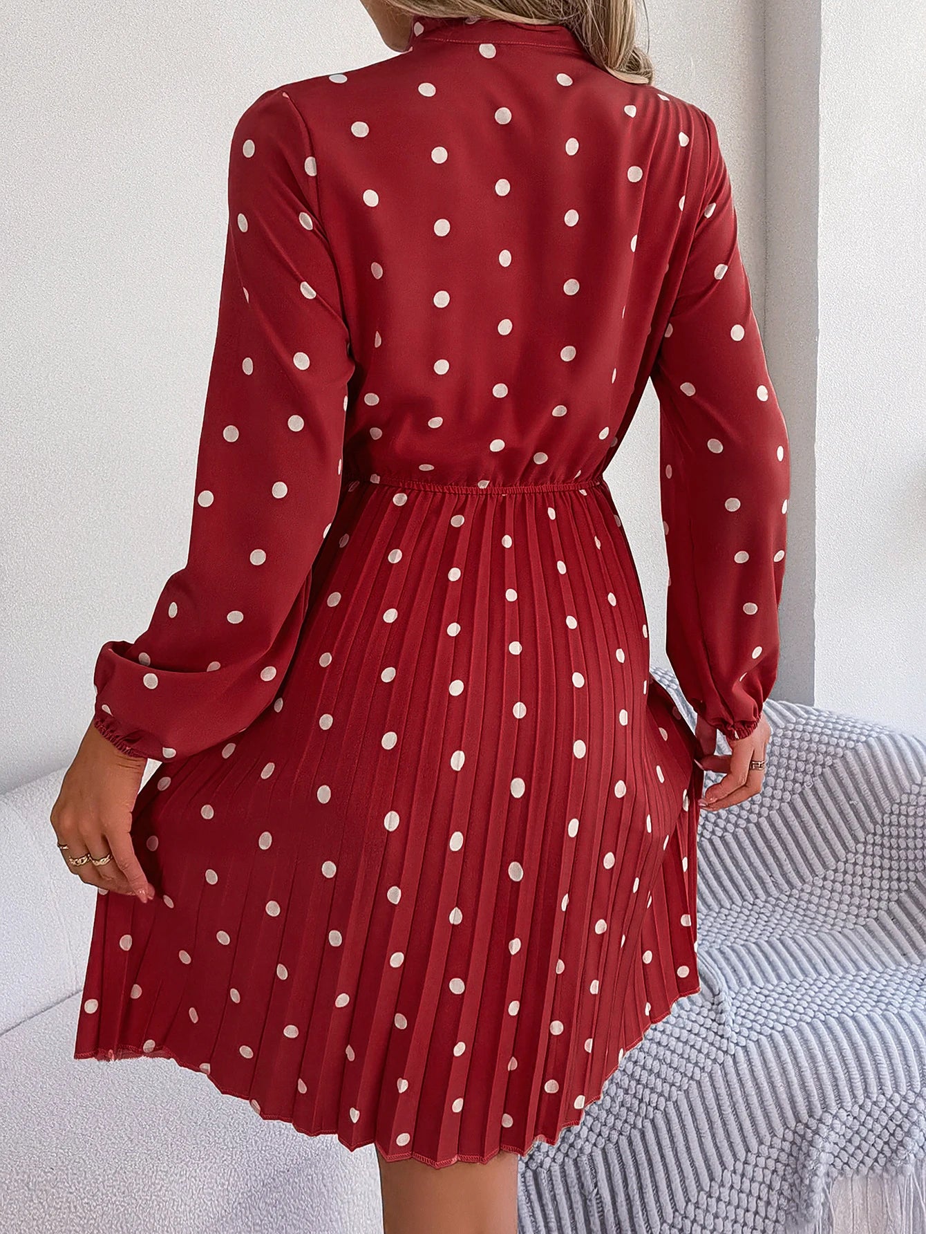 Elegant Lace up Polka Dot Long Sleeved Pleated Dresses