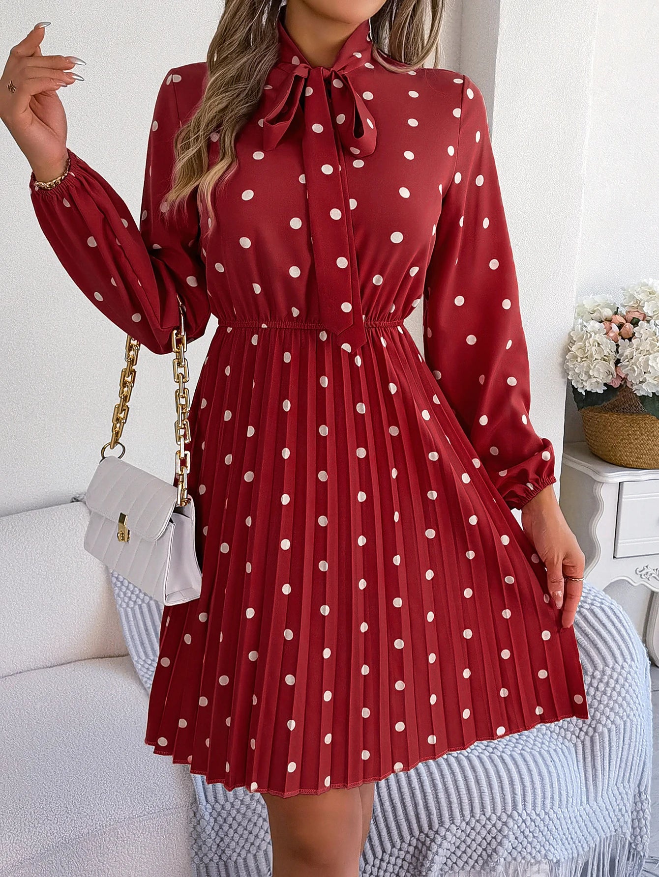 Elegant Lace up Polka Dot Long Sleeved Pleated Dresses