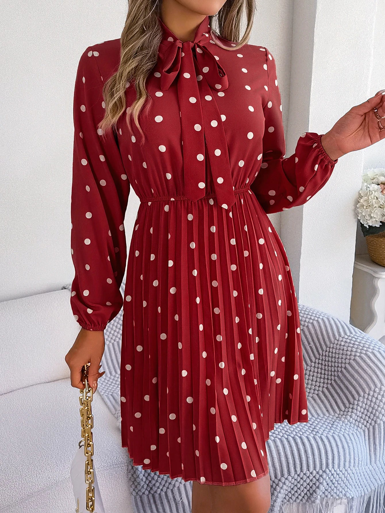 Elegant Lace up Polka Dot Long Sleeved Pleated Dresses