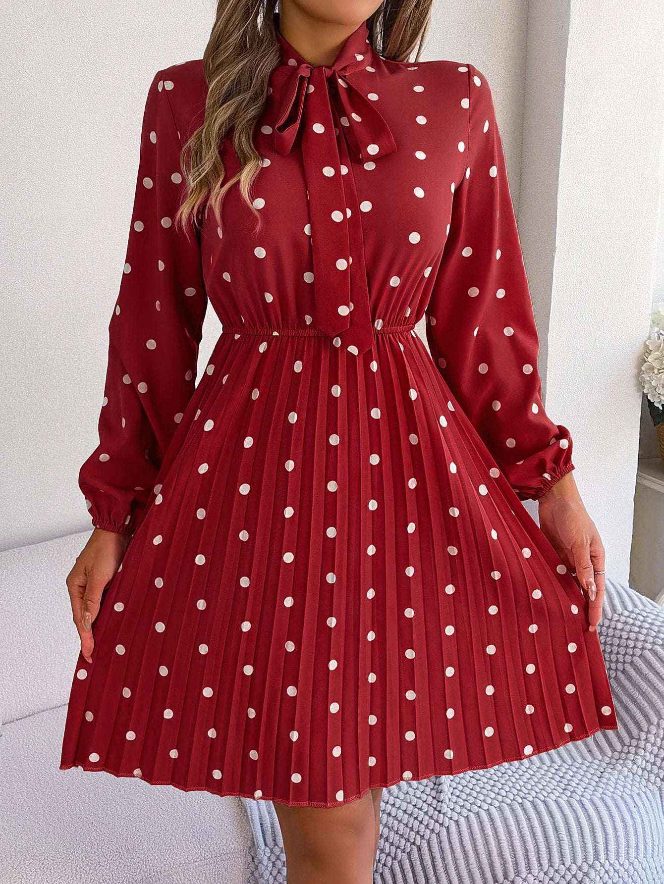 Elegant Lace up Polka Dot Long Sleeved Pleated Dresses