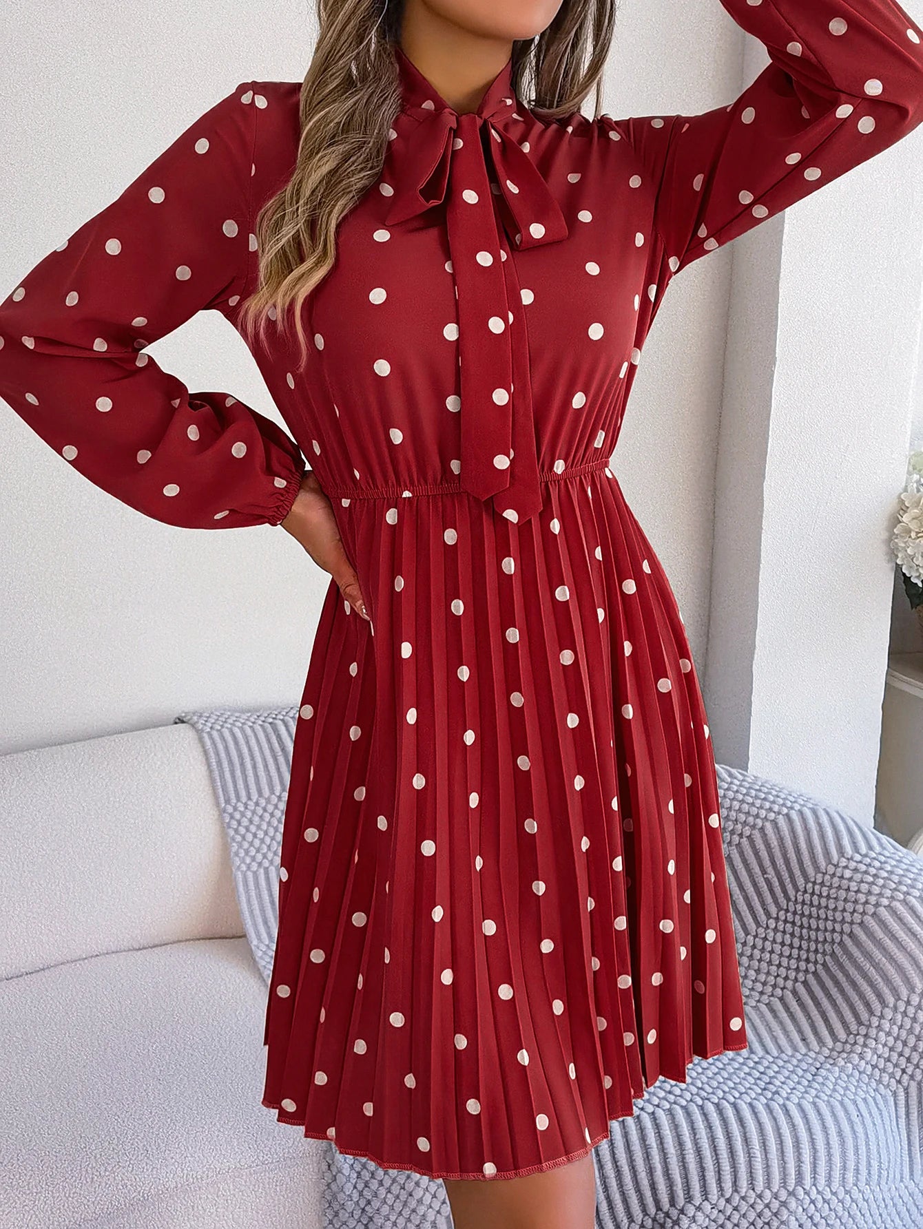 Elegant Lace up Polka Dot Long Sleeved Pleated Dresses
