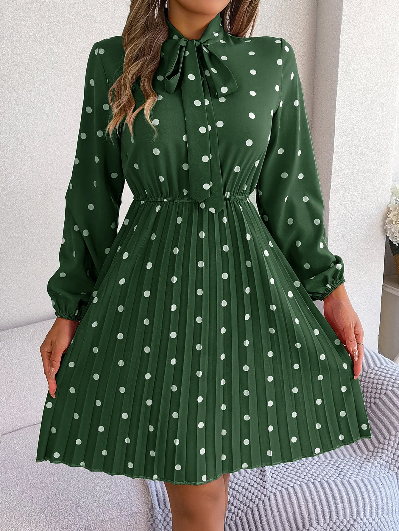 Elegant Lace up Polka Dot Long Sleeved Pleated Dresses