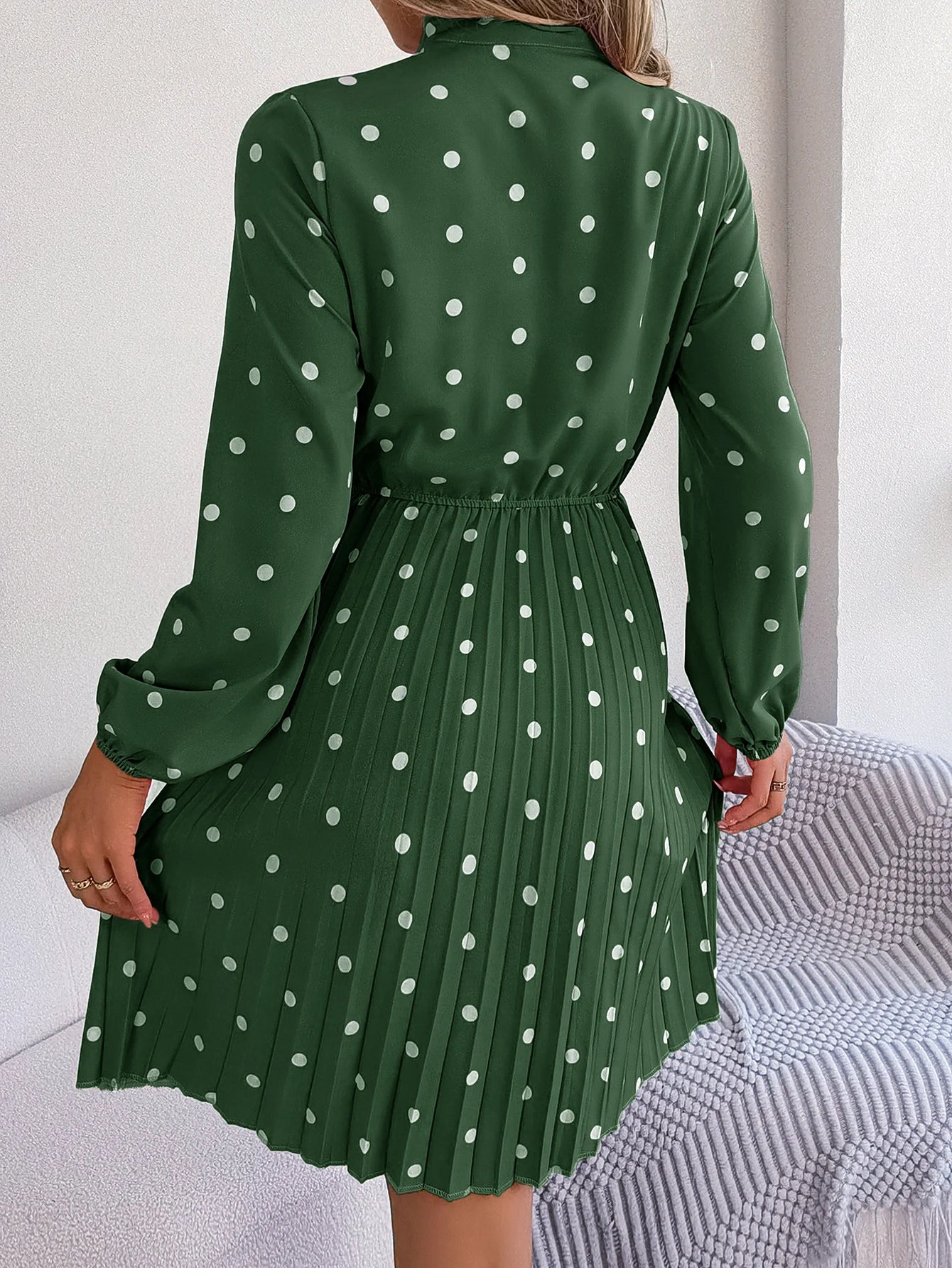 Elegant Lace up Polka Dot Long Sleeved Pleated Dresses