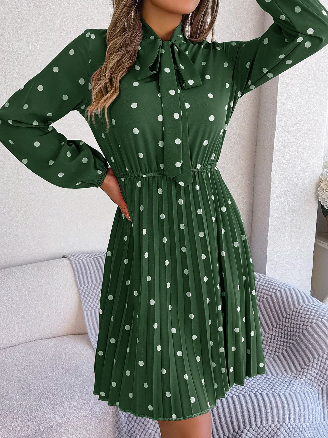 Elegant Lace up Polka Dot Long Sleeved Pleated Dresses