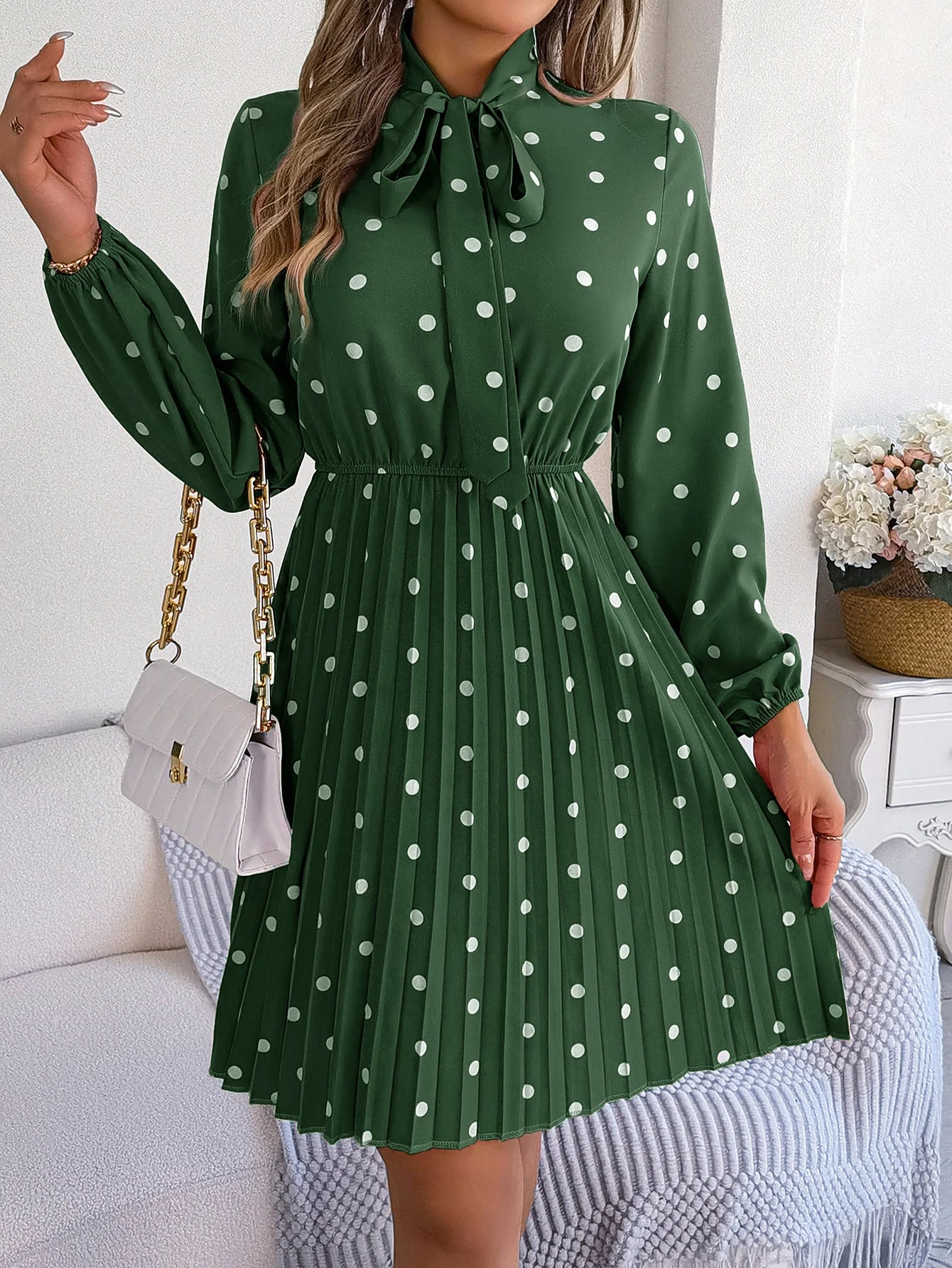 Elegant Lace up Polka Dot Long Sleeved Pleated Dresses