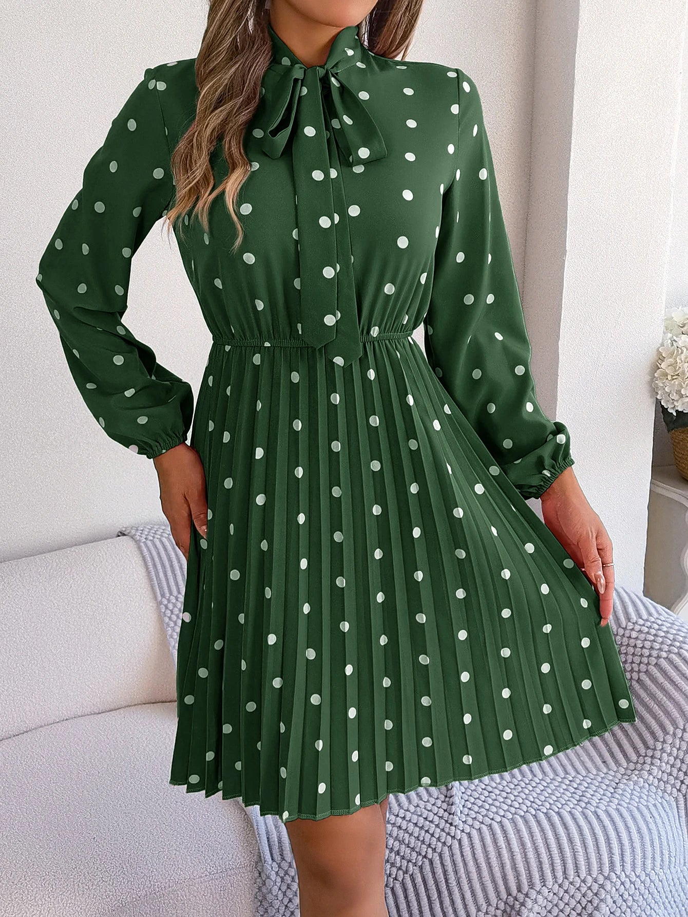 Elegant Lace up Polka Dot Long Sleeved Pleated Dresses