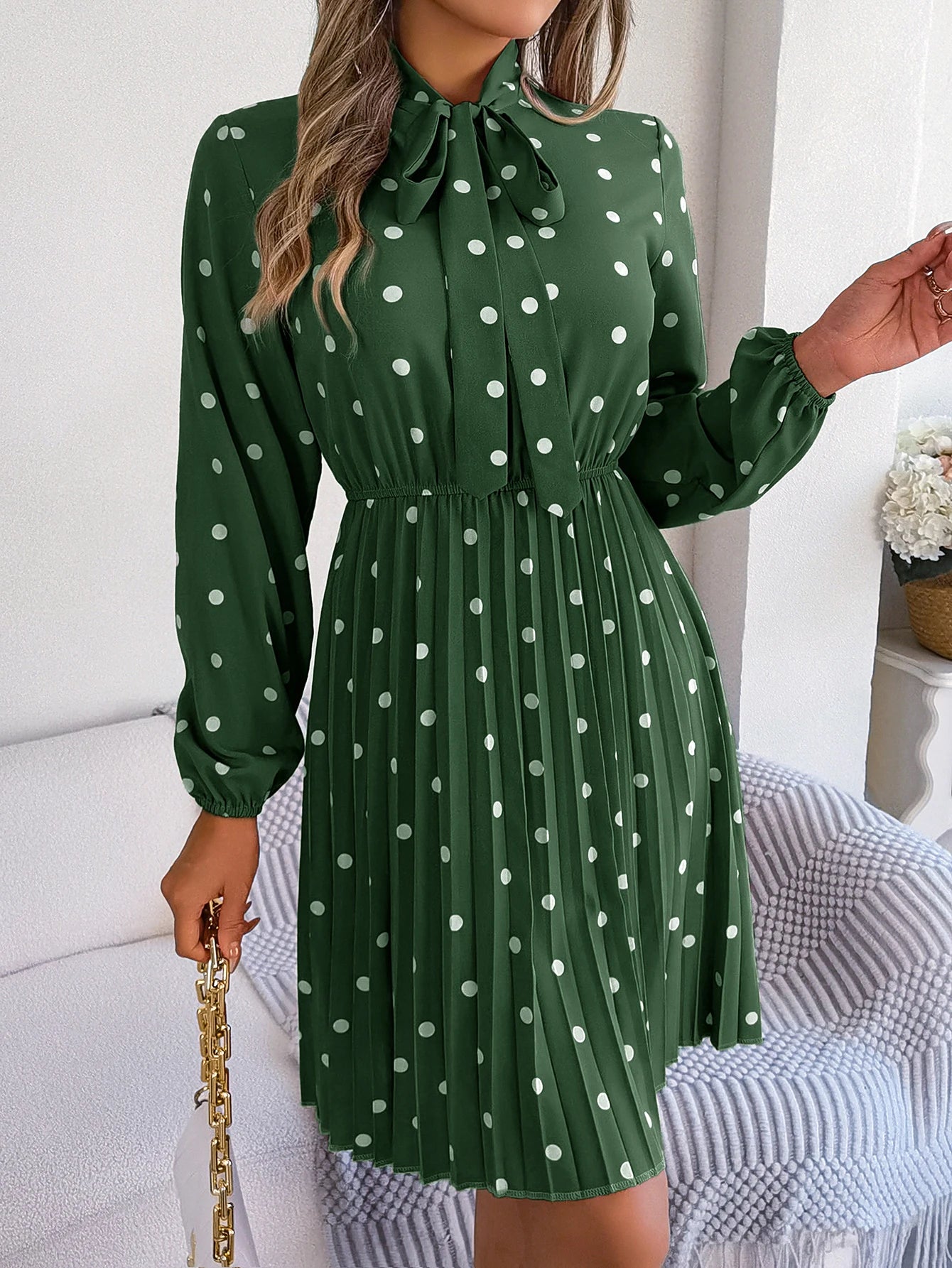 Elegant Lace up Polka Dot Long Sleeved Pleated Dresses