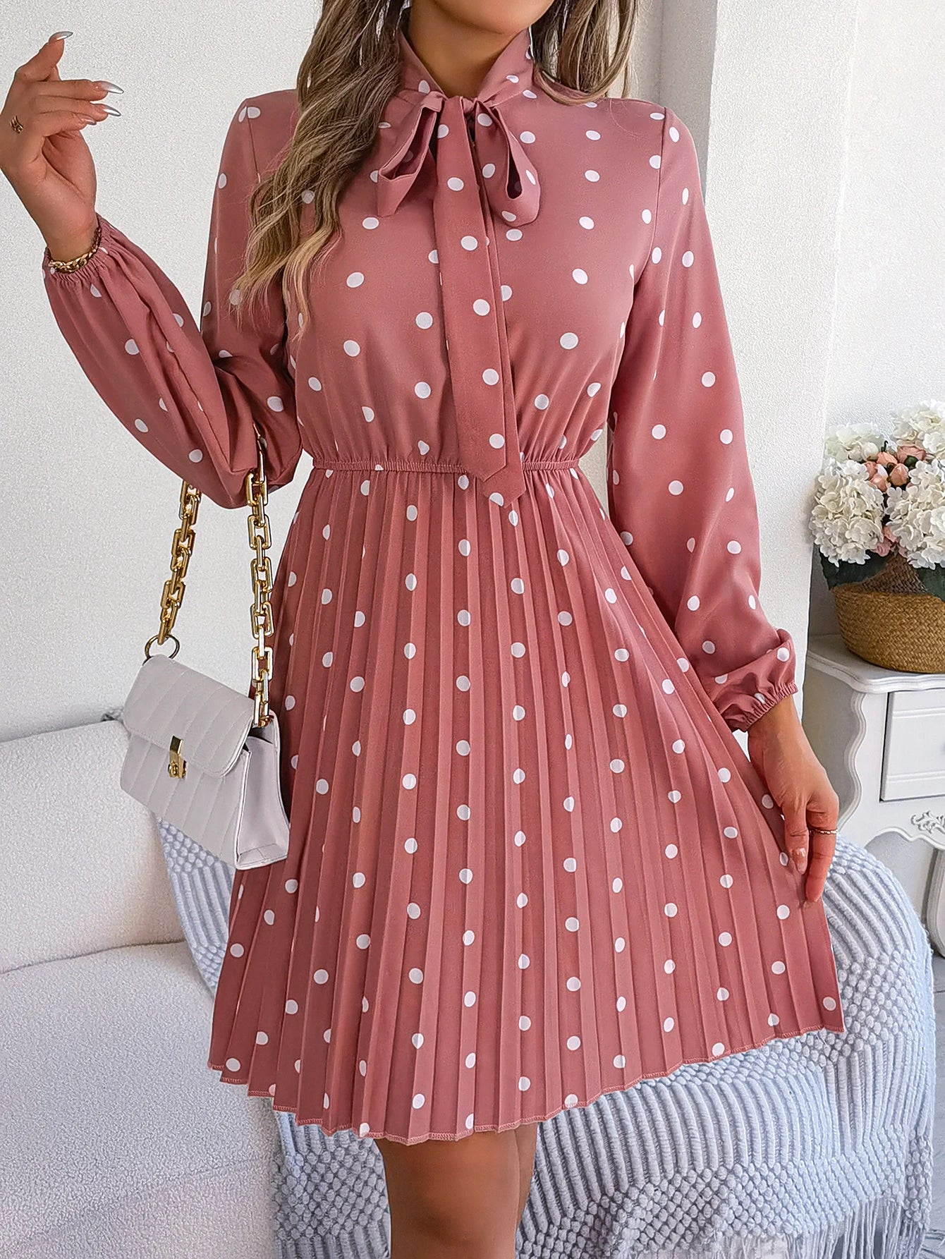 Elegant Lace up Polka Dot Long Sleeved Pleated Dresses
