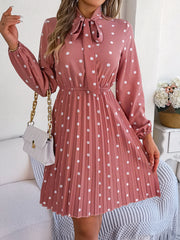 Elegant Lace up Polka Dot Long Sleeved Pleated Dresses