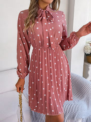 Elegant Lace up Polka Dot Long Sleeved Pleated Dresses
