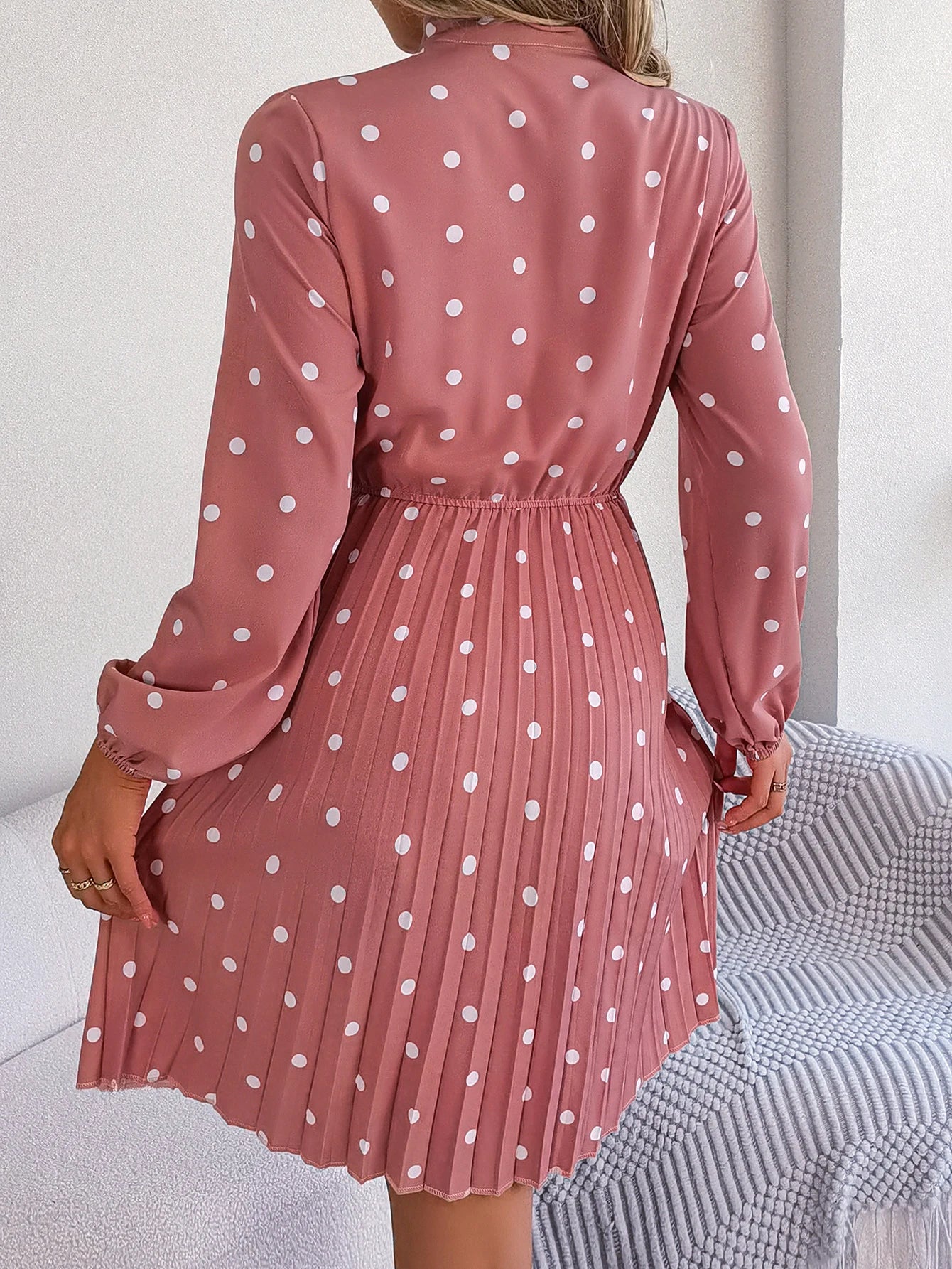 Elegant Lace up Polka Dot Long Sleeved Pleated Dresses