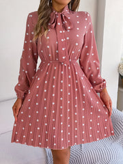 Elegant Lace up Polka Dot Long Sleeved Pleated Dresses