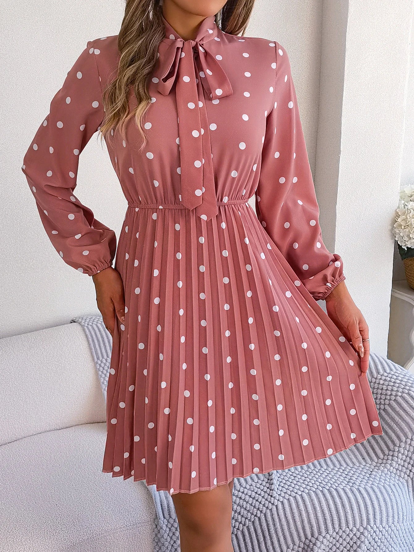 Elegant Lace up Polka Dot Long Sleeved Pleated Dresses