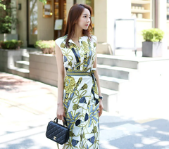 Elegant Lace up Print Slim Pencil Sheath Chic Office Party Bohemian Beach Midi Dresses