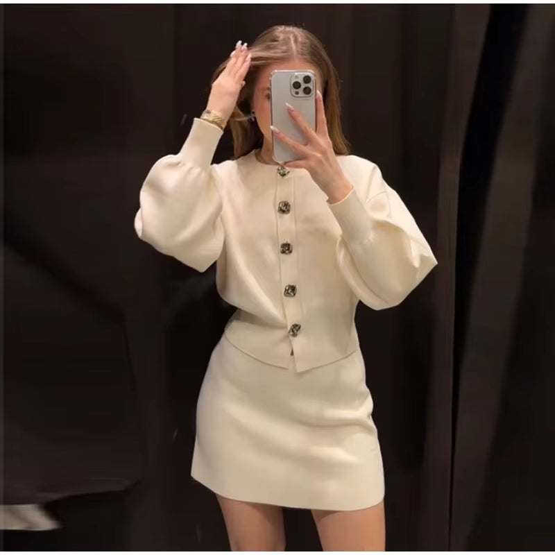 Elegant Lantern Long Sleeve O-neck Single Breasted Cardigan A-line Mini Skirt Two Piece Set