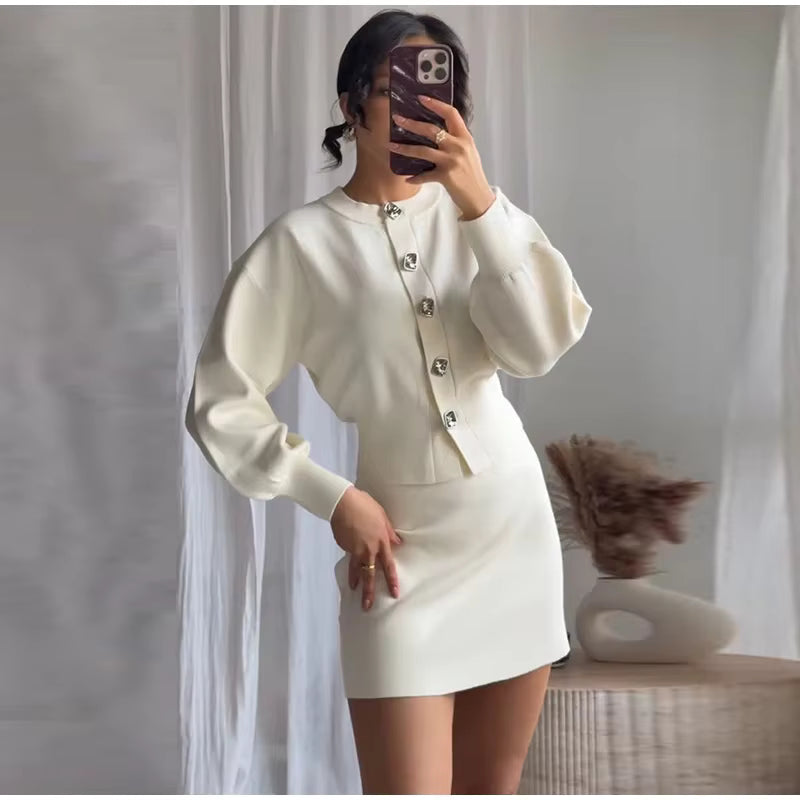 Elegant Lantern Long Sleeve O-neck Single Breasted Cardigan A-line Mini Skirt Two Piece Set
