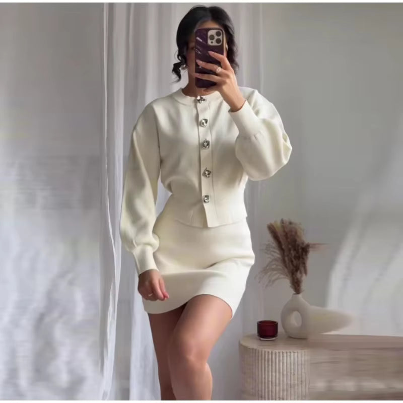 Elegant Lantern Long Sleeve O-neck Single Breasted Cardigan A-line Mini Skirt Two Piece Set