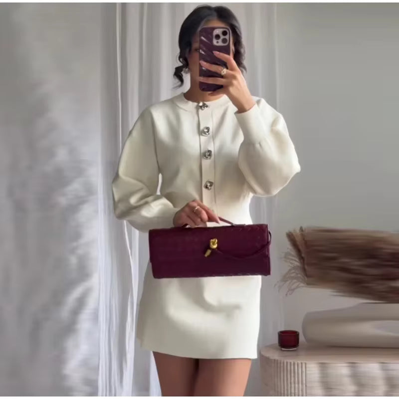 Elegant Lantern Long Sleeve O-neck Single Breasted Cardigan A-line Mini Skirt Two Piece Set