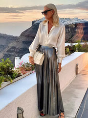 Elegant Lantern Sleeve Blouse And Pleated Maxi Skirt Vacation Two Piece Set