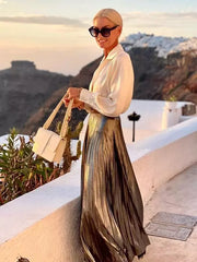 Elegant Lantern Sleeve Blouse And Pleated Maxi Skirt Vacation Two Piece Set