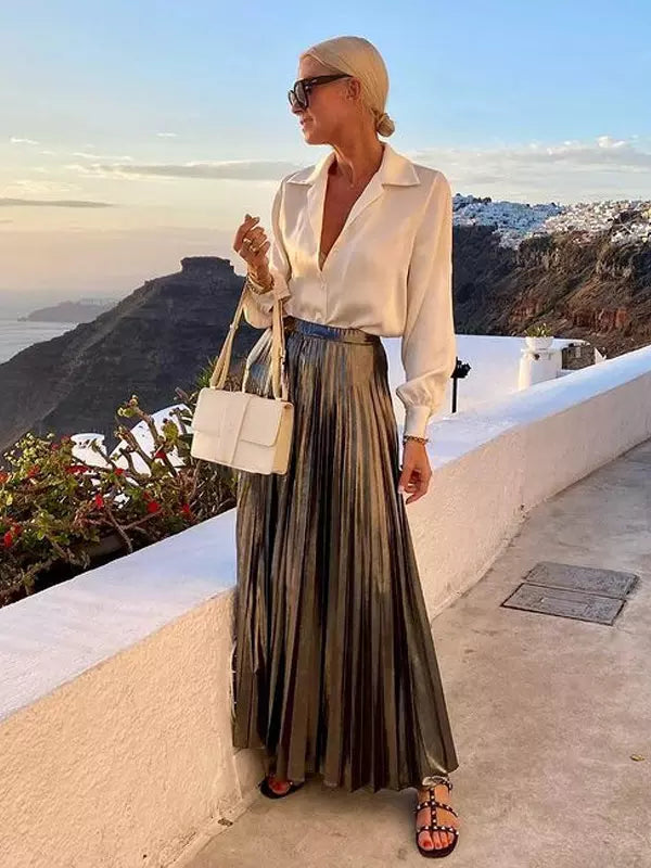 Elegant Lantern Sleeve Blouse And Pleated Maxi Skirt Vacation Two Piece Set