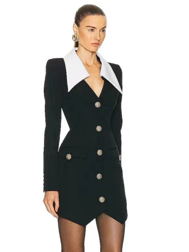 Elegant Lapel Long Sleeve Buttons Parchwork Single Breasted Bodycon Bandage Mini Dresses