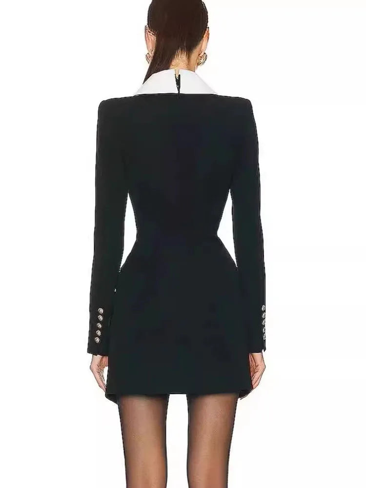 Elegant Lapel Long Sleeve Buttons Parchwork Single Breasted Bodycon Bandage Mini Dresses
