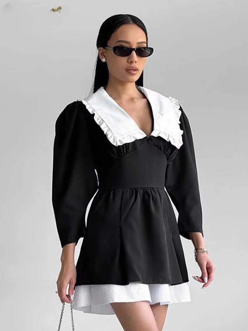 Elegant Lapel Long Sleeve Patchwork Non Stretch Mini Dress