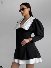 Elegant Lapel Long Sleeve Patchwork Non Stretch Mini Dress