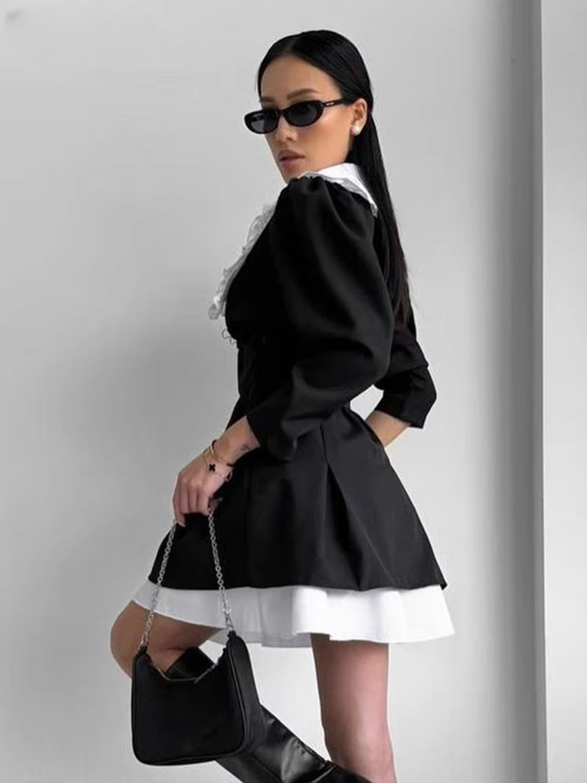 Elegant Lapel Long Sleeve Patchwork Non Stretch Mini Dress