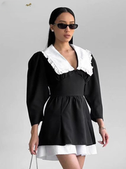 Elegant Lapel Long Sleeve Patchwork Non Stretch Mini Dress
