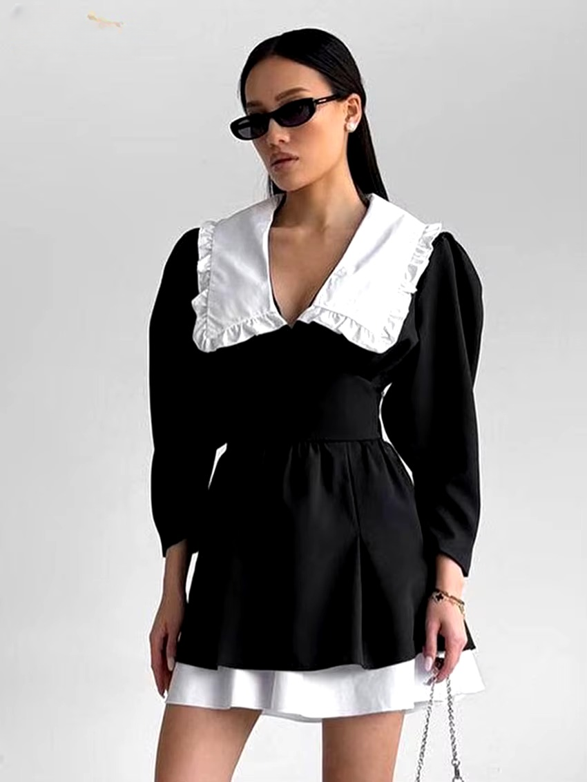 Elegant Lapel Long Sleeve Patchwork Non Stretch Mini Dress